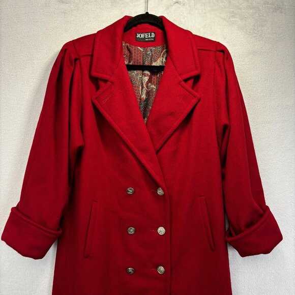 Vintage 90s Jofeld Double Breasted Red Wool Coat Womens XL Paisley Long Relaxed - Picture 4 of 16